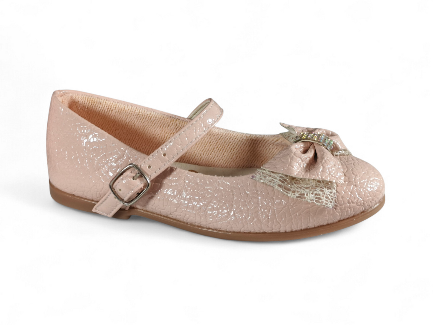 Baletas para Niña Nude con Textura Grabada y Moño Brillante – Línea Elegance Kido