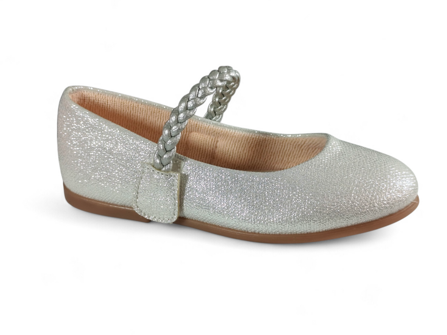 Baletas tono plata para Niña con Textura Granulada y Correa Trenzada – Diseño Moderno Kido