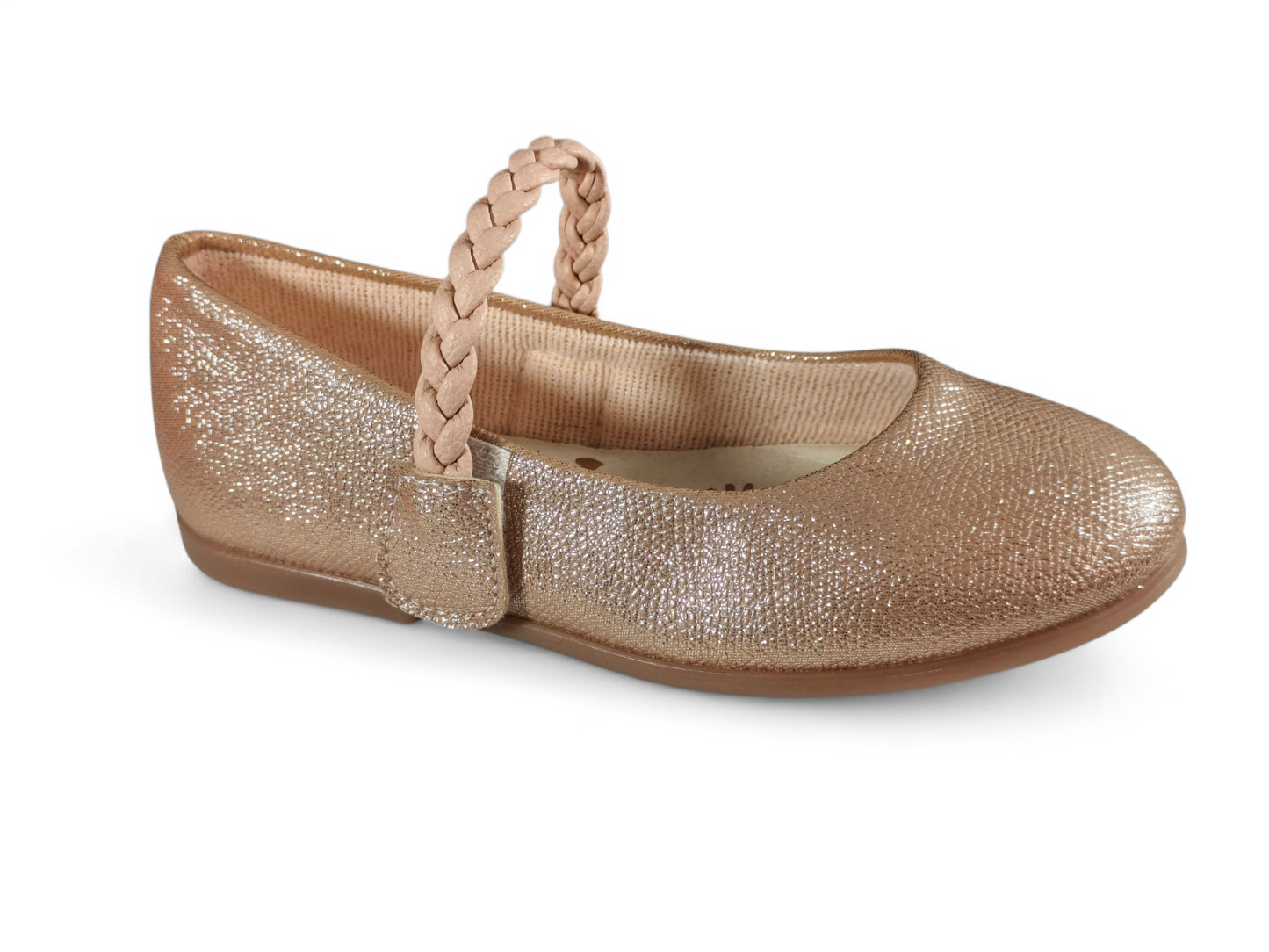 Baletas Oro Rosa para Niña con Textura Granulada Brillante y Correa Trenzada – Diseño Moderno Kido