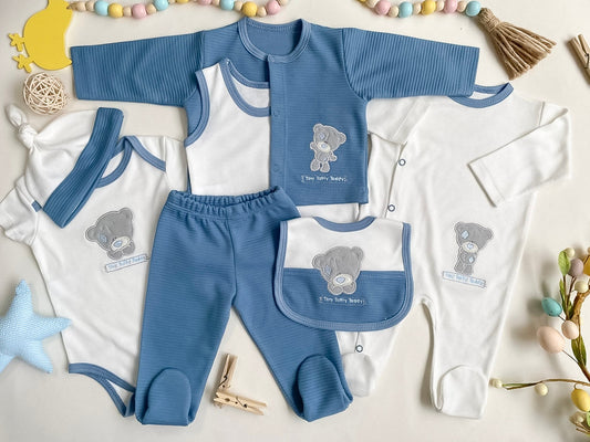 Tierno Osito de Bienvenida- Set Primer Día 7 Piezas Azul Índigo