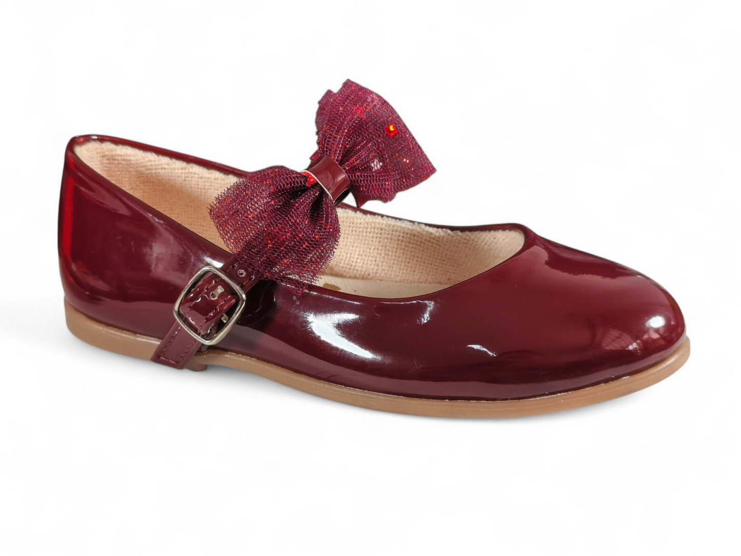 Baletas para Niña en Charol Brillante con Moño en Tul Color Vinotinto – Elegancia Sofisticada Kido