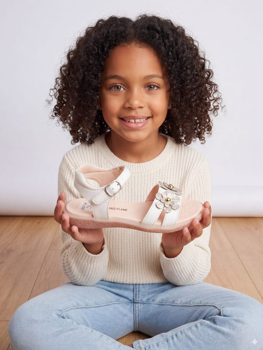 Sandalias para niña color talco nude con flores decorativas y hebilla