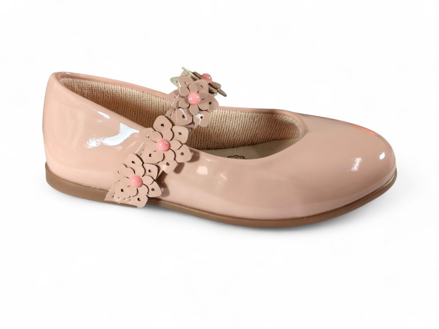 Baletas Nude para Niña en Charol Brillante con Correa Floral – Diseño Elegante Kido