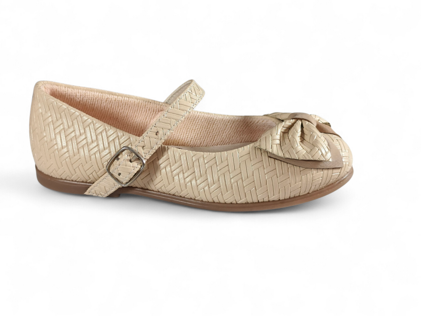Baletas para Niña Textura Entrelazada con Moño Elegante Color Beige – Estilo Sofisticado Kido