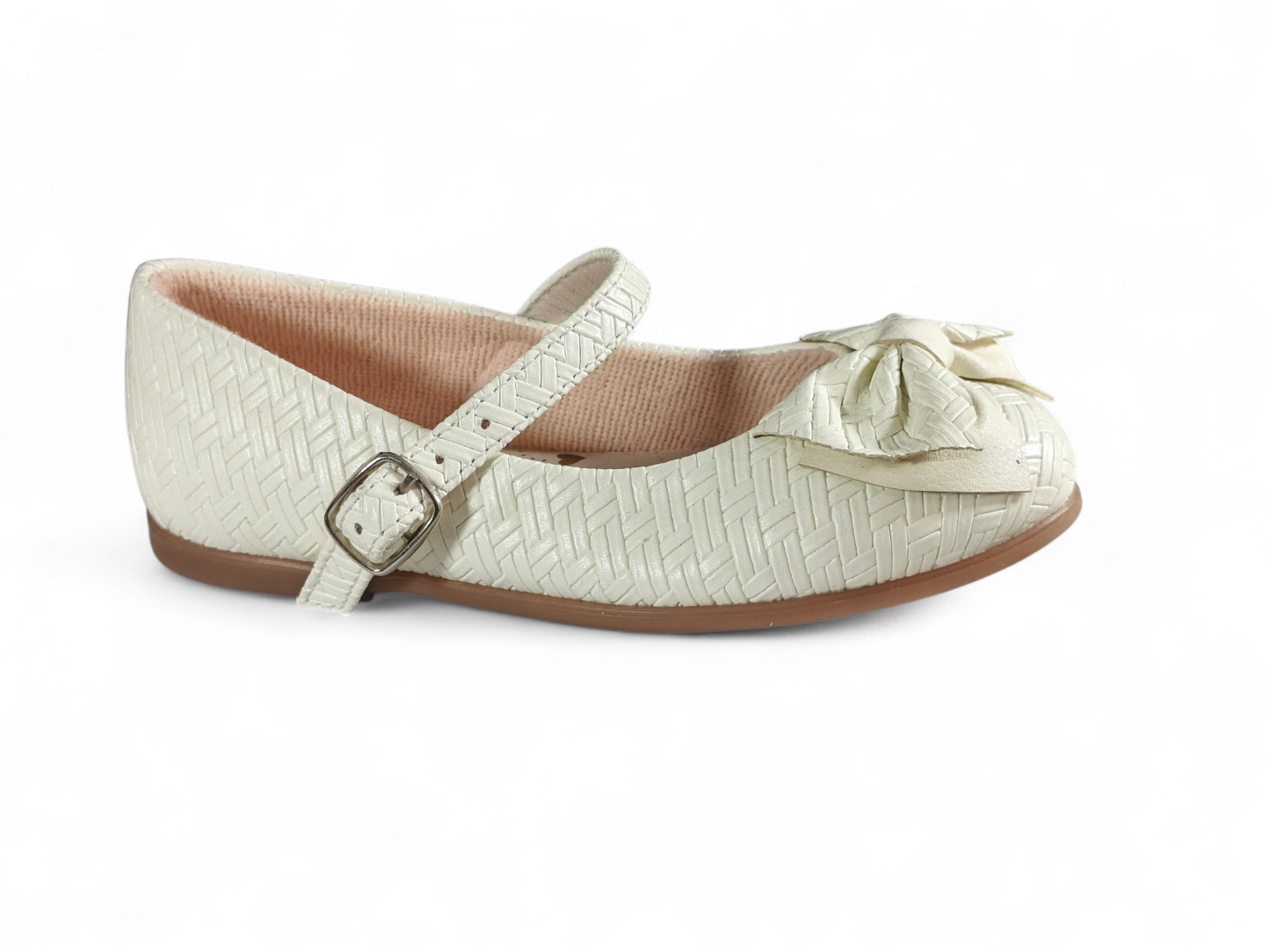 Baletas para Niña Textura Entrelazada con Moño Elegante Color Talco – Estilo Sofisticado Kido