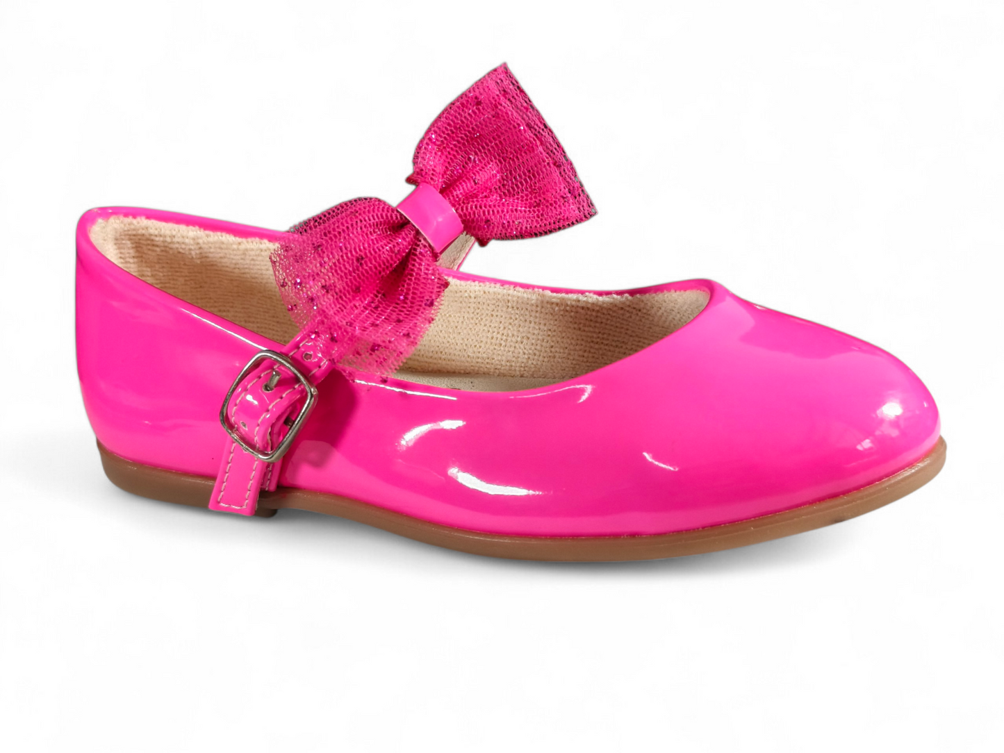Baletas para Niña en Charol Brillante con Moño en Tul Color Fucsia – Estilo Divertido y Elegante Kido