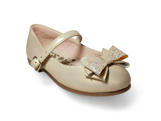 Baletas para niña color beige elegantes con moño brillante y correa