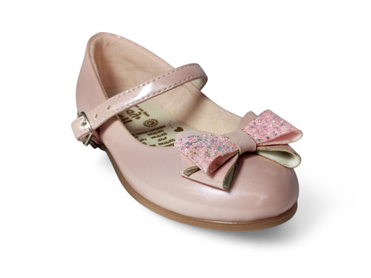 Baletas para niña color rosa elegantes con moño brillante y correa