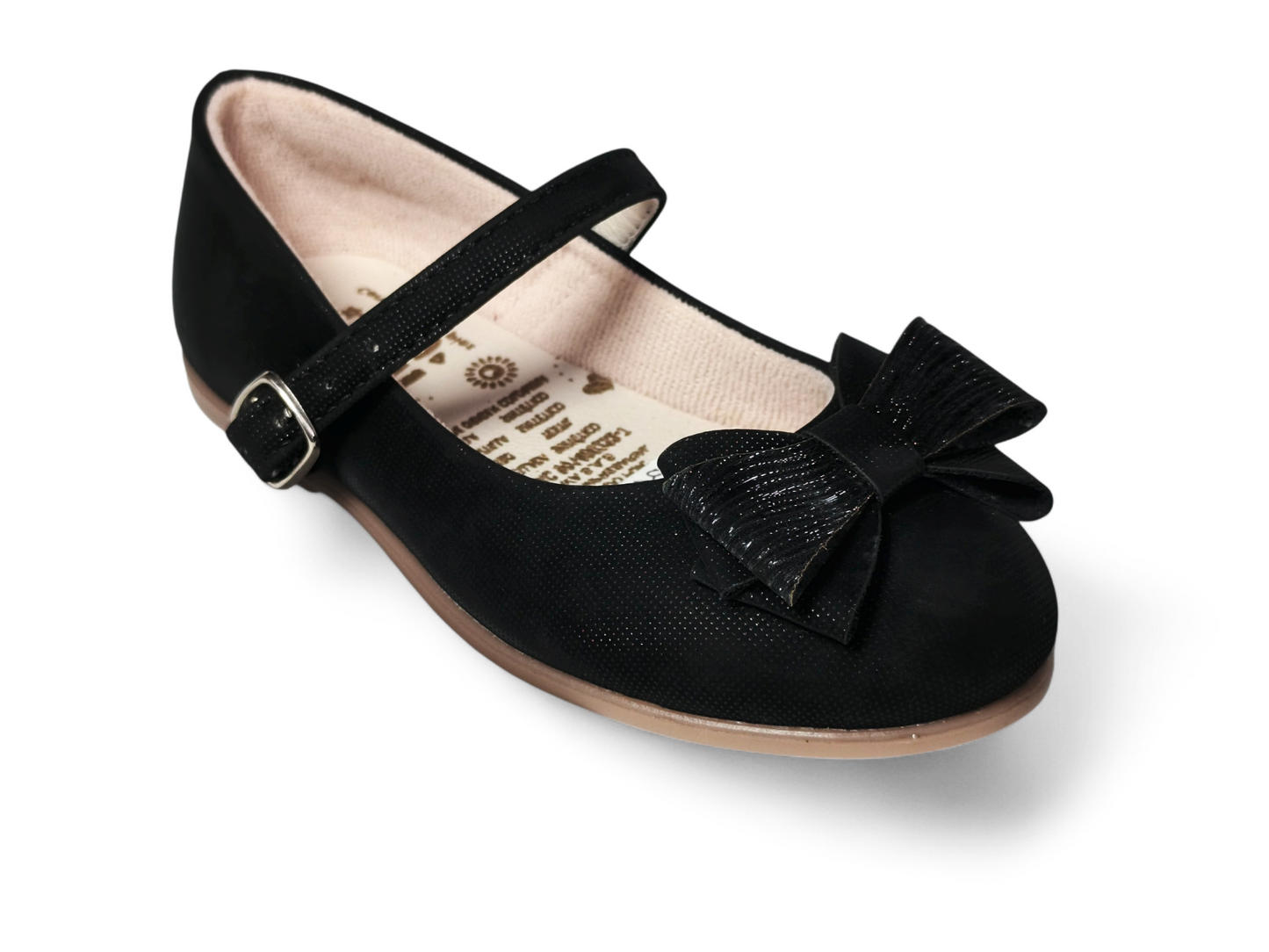 Baletas para niña color negro elegantes con moño brillante y correa