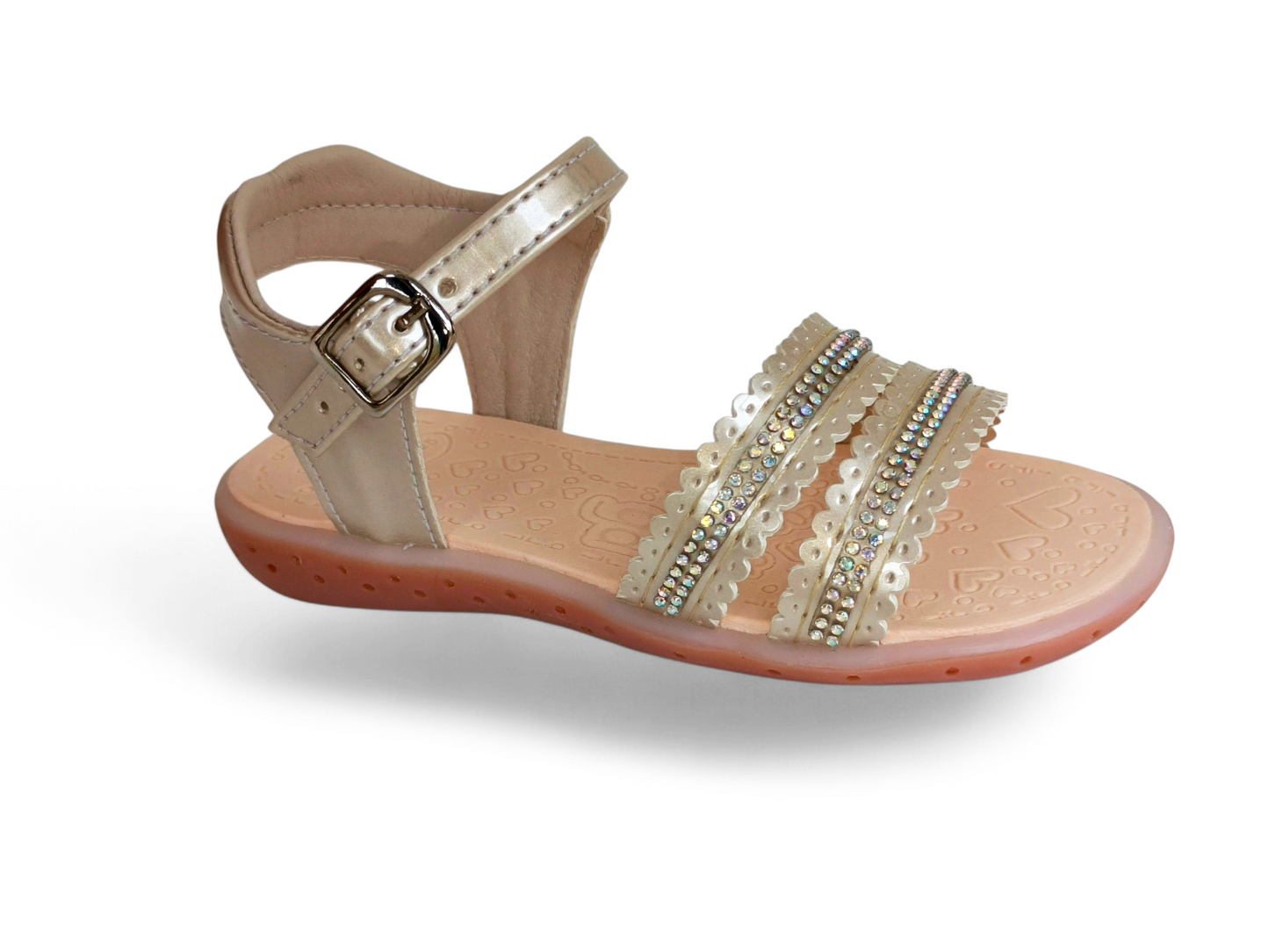Sandalias para niña en charol con brillo y ajuste en hebilla champaña