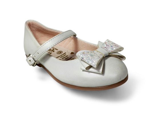 Baletas para niña elegantes blanca con moño brillante y correa