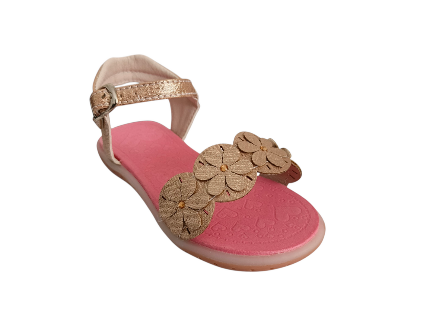Sandalias Oro Rosa con Flores Brillantes para Niña – Suela Bicolor y Plantilla Rosada