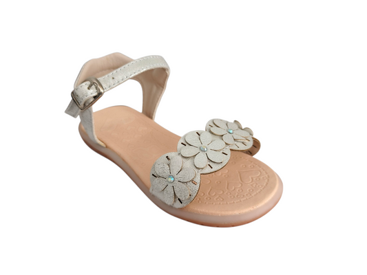 Sandalias Plata Claro con Flores Decorativas para Niña – Suela Bicolor Elegante