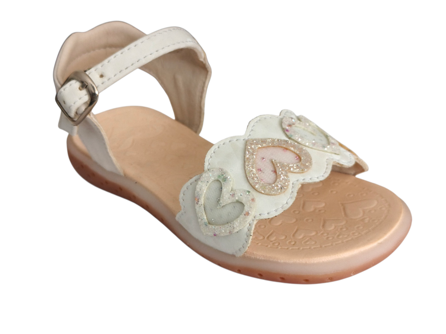 Sandalias Color Talco con Corazones Escarchados para Niña – Detalle Brillante