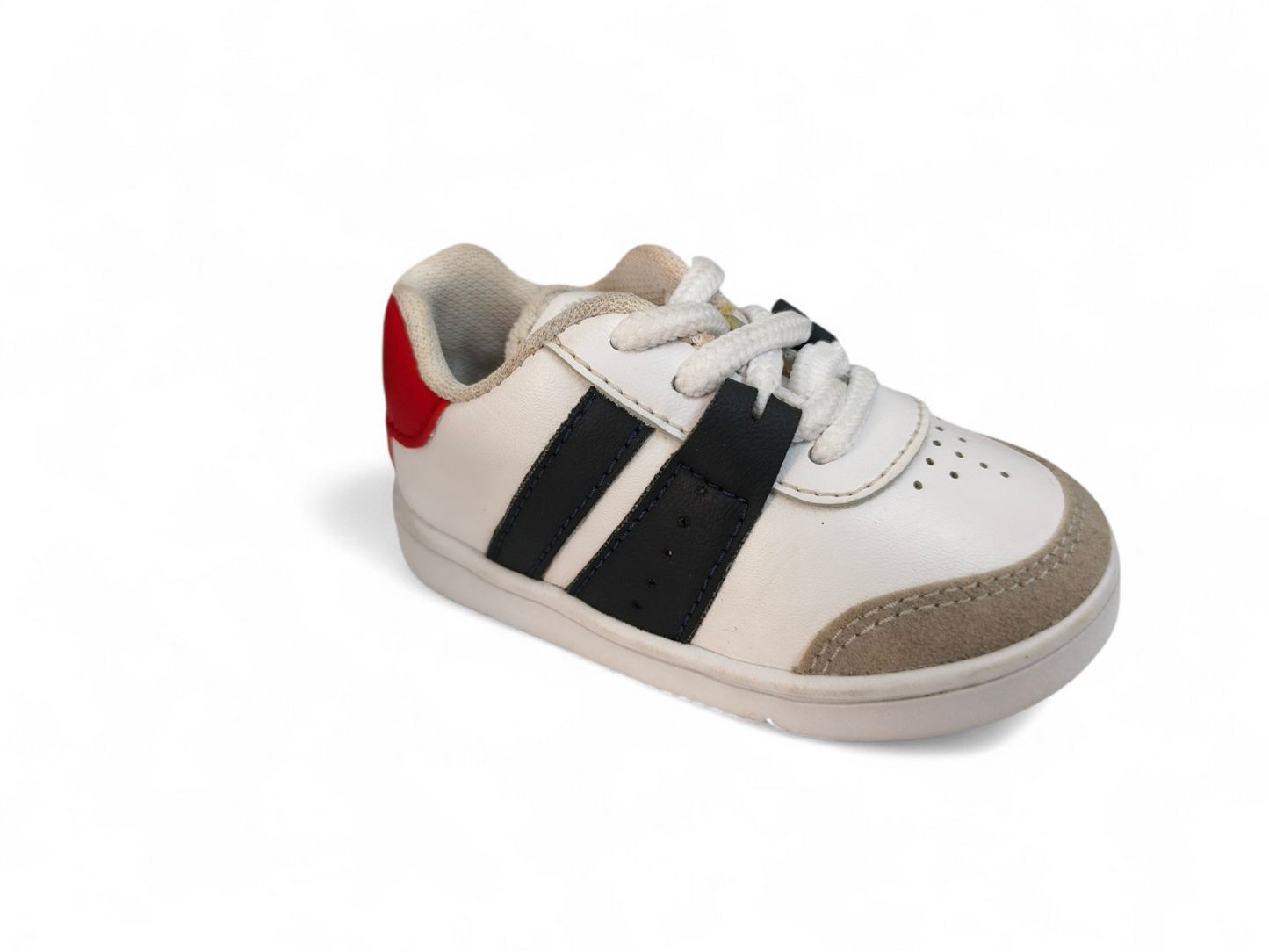 Tenis Bebé Niño Estilo Urbano Blanco con Detalles Negros y Rojos