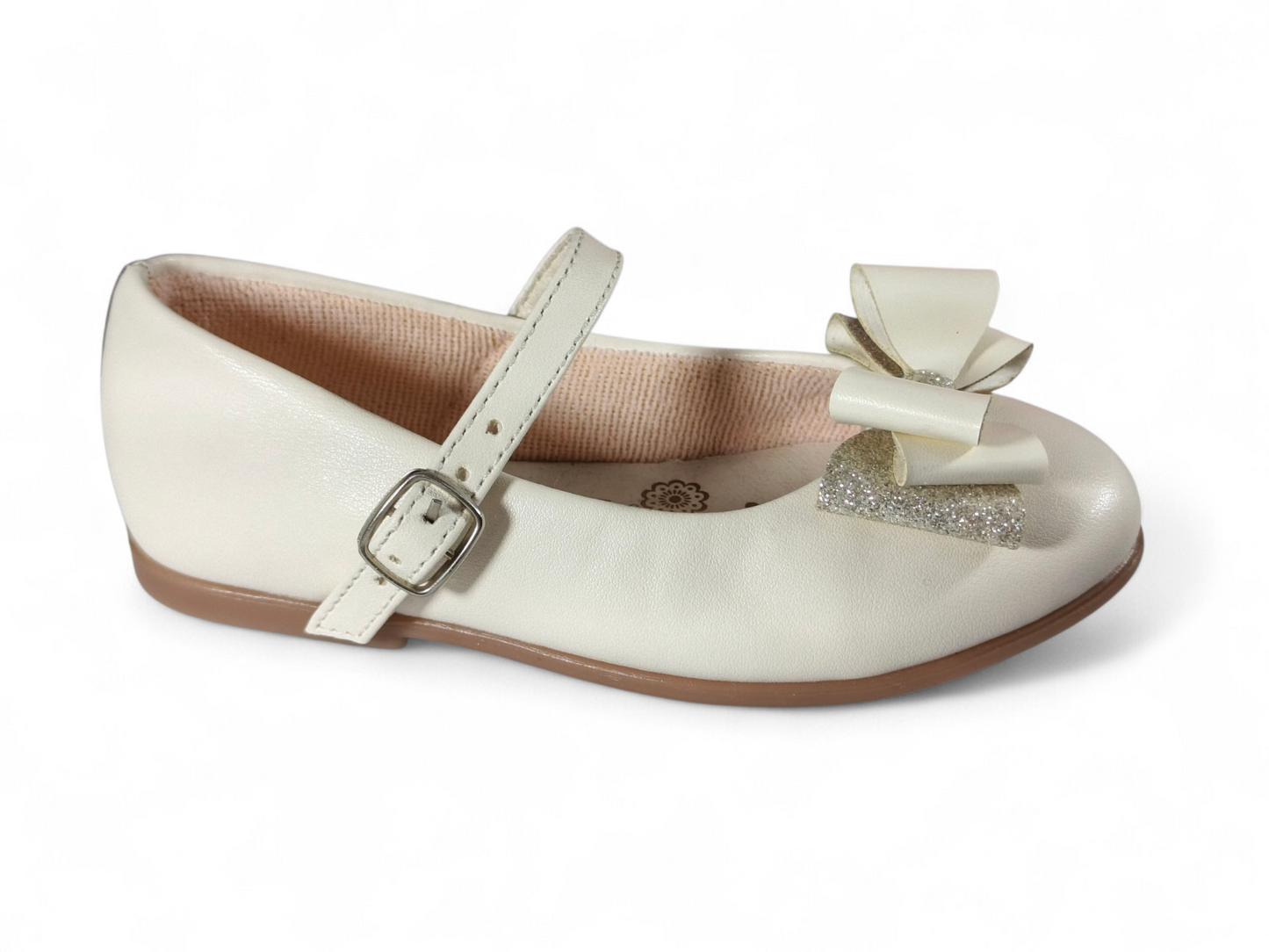 Baletas para niña con brillo elegantes con lazo y hebilla color talco