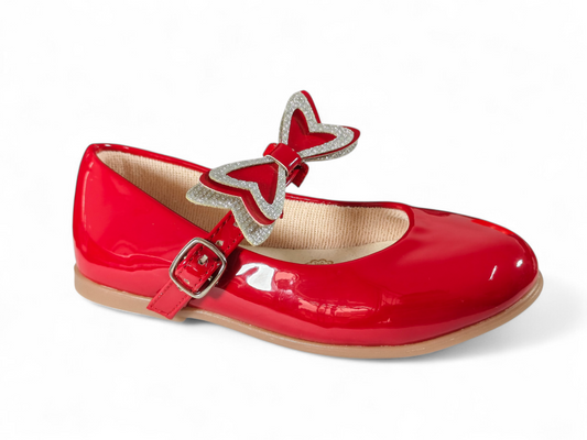 Baletas Rojas para Niña en Charol Brillante con Moño Tipo Corbata – Elegancia Radiante Kido