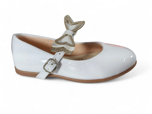 Baletas Blancas para Niña en Charol Brillante con Moño Tipo Corbata de Tres Capas – Diseño Elegante Kido