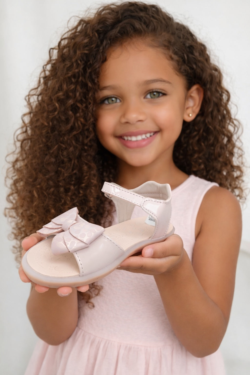 Sandalias para niña color nude con moño decorativo y hebilla